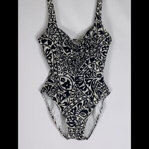 Pursuit Black & White Print High Thigh Cawl Drape Neckline High Back Swimsuit L